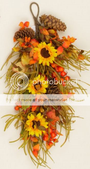 Floral Teardrop Autumn Fall Wreath Sunflower Berries Pinecones 12" w x 30" L