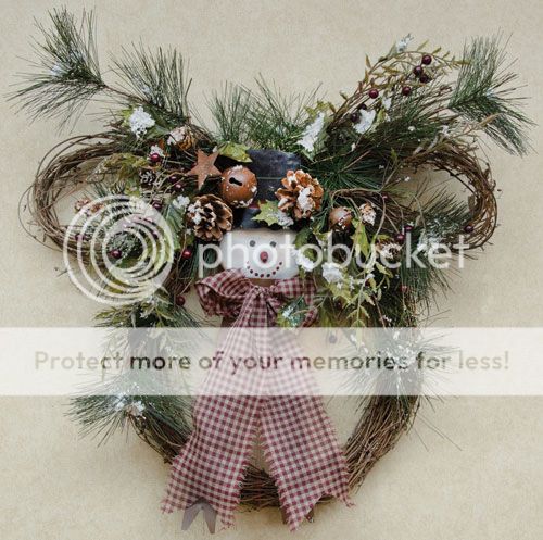 Rustic Country Christmas Wreath with Snowman Rustic Bells Burgundy Fabric Bow