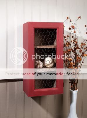   OR VERTICAL RED WALL CABINET WITH SHELVES ~ CHICKEN WIRE ON THE DOOR